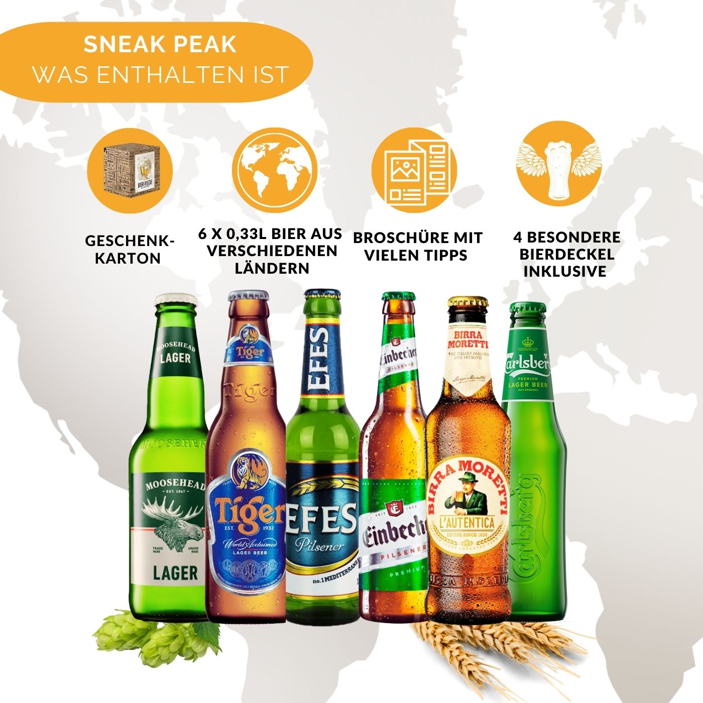 Biere der Welt (6 x 0,33l) internationale Bier Spezialitäten zum Verschenken (Beste Biere der Welt mit Geschenkkarton (Bier + Tasting-Anleitung + Bierbroschüre + Brauereigeschenke + Geschenkkarton)