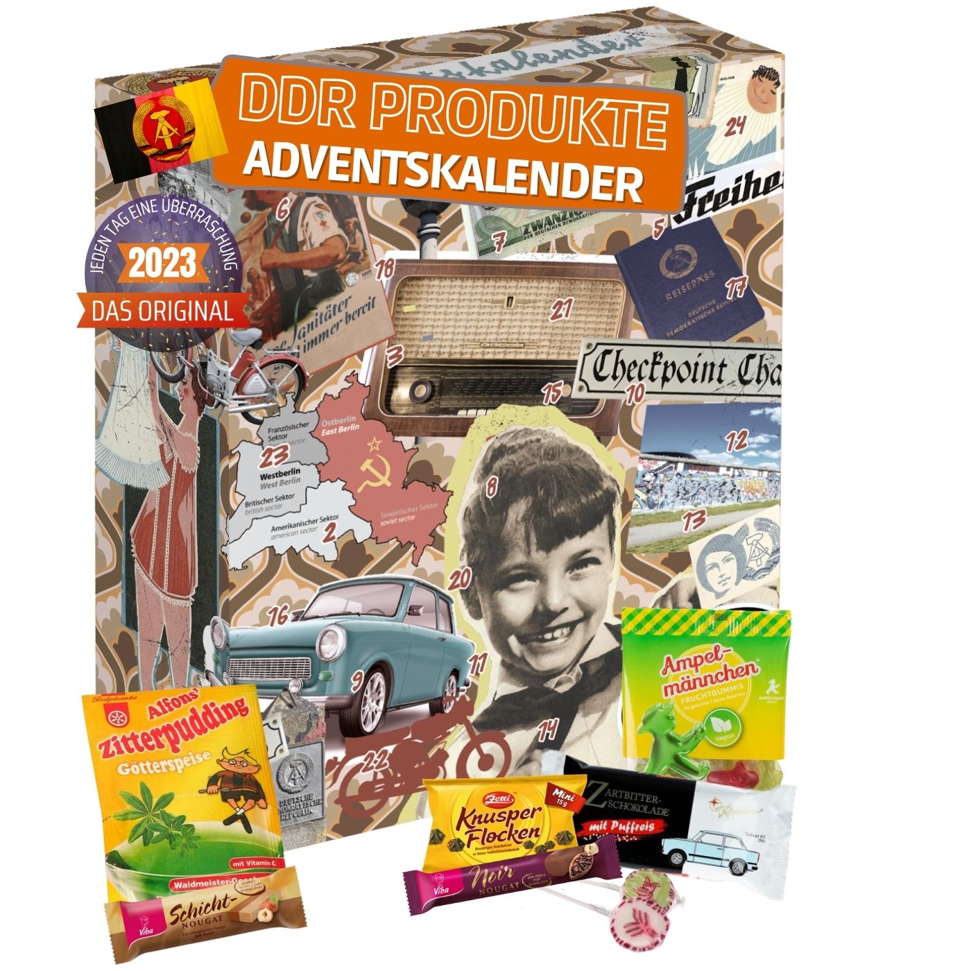 DDR Adventskalender mit 24 Ostdeutschen Produkten I Geschenkset Ostprodukte I Adventskalender 2023 mit Süßigkeiten aus der DDR