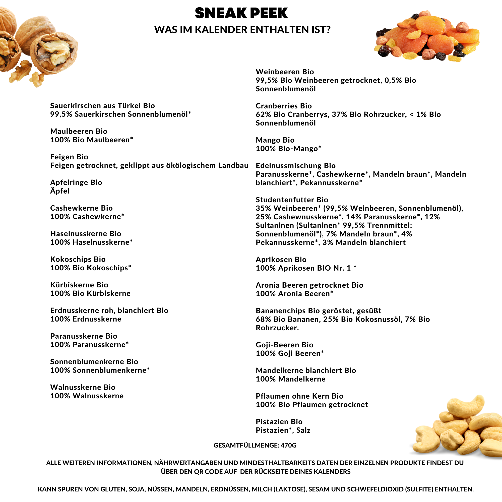 Früchte, Nüsse, Kerne Adventskalender 2023 in BIO-Qualität I 24 leckere gesunde Snacks Adventskalender