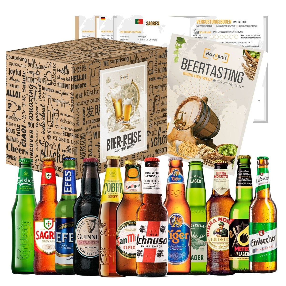 BOXILAND® Bier Geschenk Probierset [INKL. BIER-BROSCHÜRE] - Bier Set Bier Tasting - Bier Probierset besonderes Bier - Biertasting Bier Geschenke für Männer - Geschenk Biere aus aller Welt (12 x 0,33l)