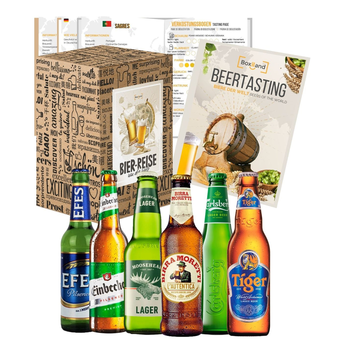 BOXILAND® Bier Geschenk Probierset [INKL. BIER-BROSCHÜRE] - Bier Set Bier Tasting - Bier Probierset besonderes Bier - Biertasting Bier Geschenke für Männer - Geschenk Biere aus aller Welt (6 x 0,33l)