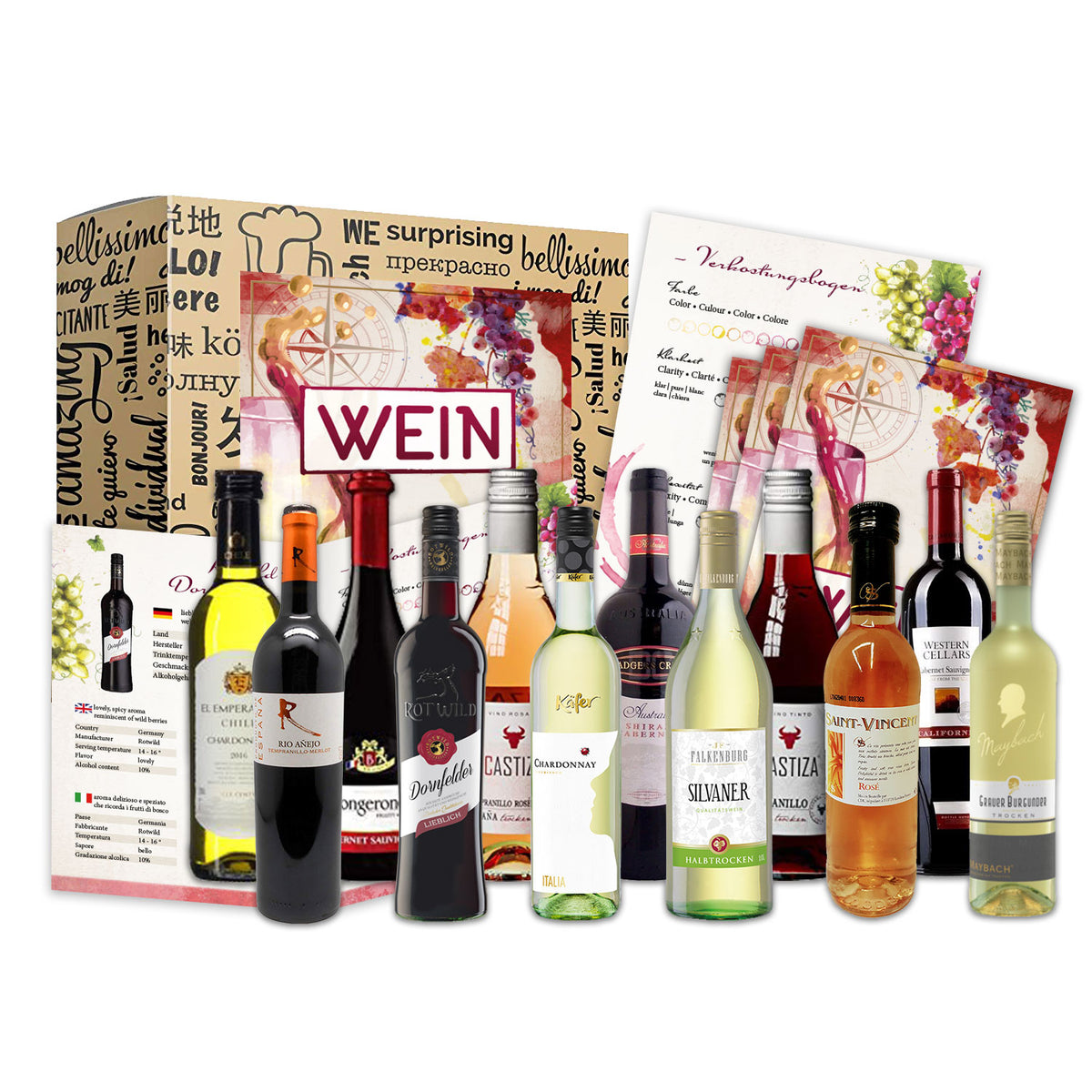 Weinbox Weltreise als Präsent (12 × 0,25l) für Weinliebhaber I Geschenkbox für Männer, Frauen als Präsent für Weihnachten zum Geburtstag Aufmerksamkeit