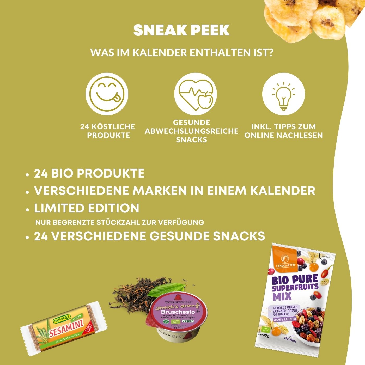 Adventskalender 2023 mit gesunden Snacks I 24 healthy Produkte im Gesunder Adventskalender in BIO-Qualität