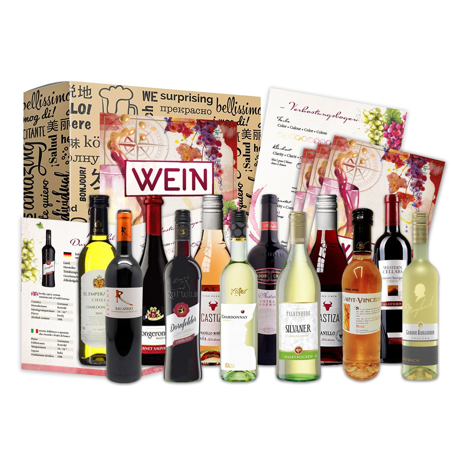 Wein Geschenk Set (9 x 0,25l) | besonderes Weingeschenk Box ausgefallene Geschenkidee für Frauen Männer Freund Freundin für Weihnachten Geburtstag