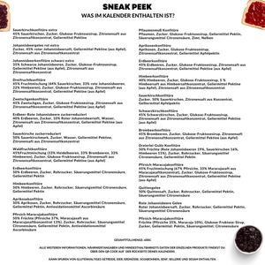 Konfitüren & Marmeladen Adventskalender 2023 mit 24 leckeren Fruchtaufstrichen. Leckere Marmeladen Probierpackungen