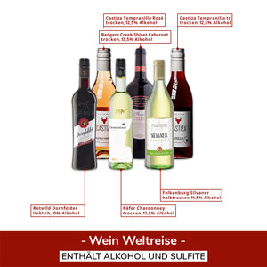 Geschenk Wein Weltreise 6x0,25l als Probierset für Weintrinker Erstklassige Rotweine und Weißweine zum probieren zum Geburtstag Weinbox